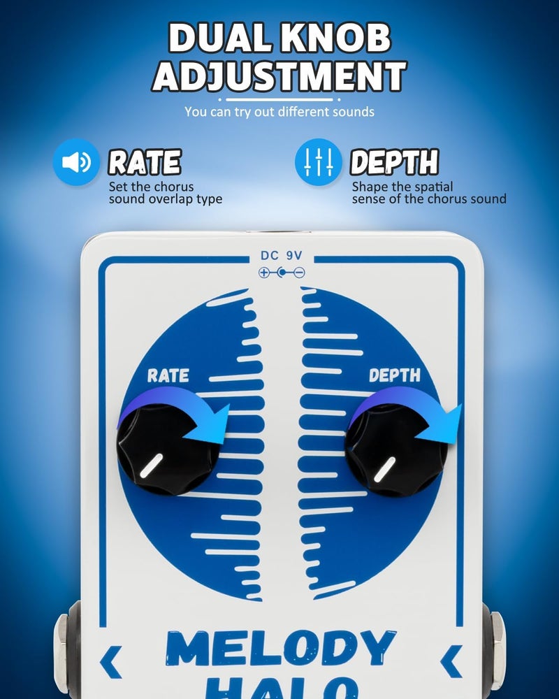STRICH Chorus Guitar Pedal, Tutti Love Analog Chorus Effect Classic Warm, True Bypass for Electric Guitar, White and Blue, MELODY HALO, White and Blue - Image 4